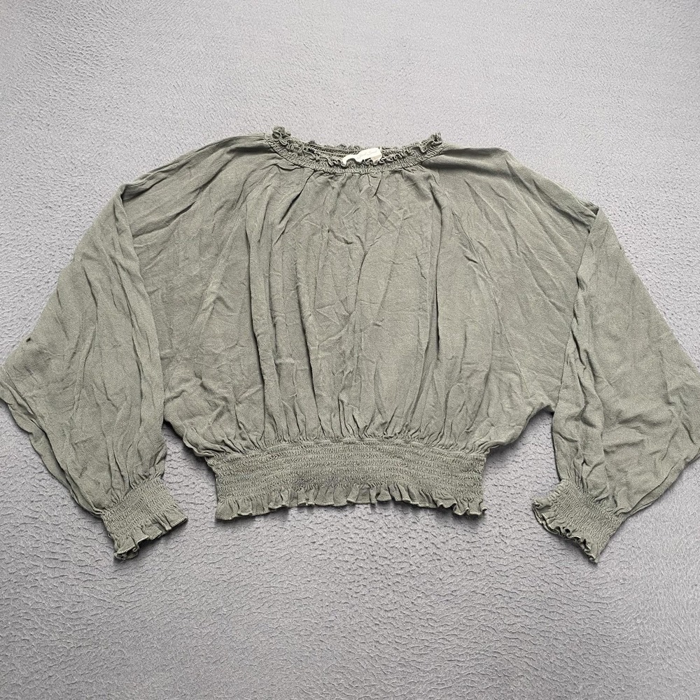 Mustard Seed Blouse Womens Medium Green Scoop Neck Cropped Ruffle Hem Boho